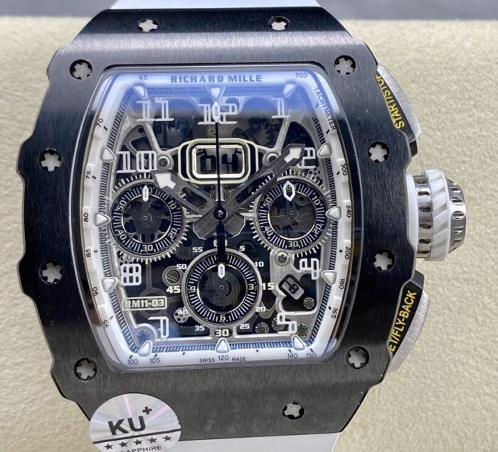 KU Factory Fake Richard Mille RM011-03 Black Ceramic Bezel White Rubber Strap